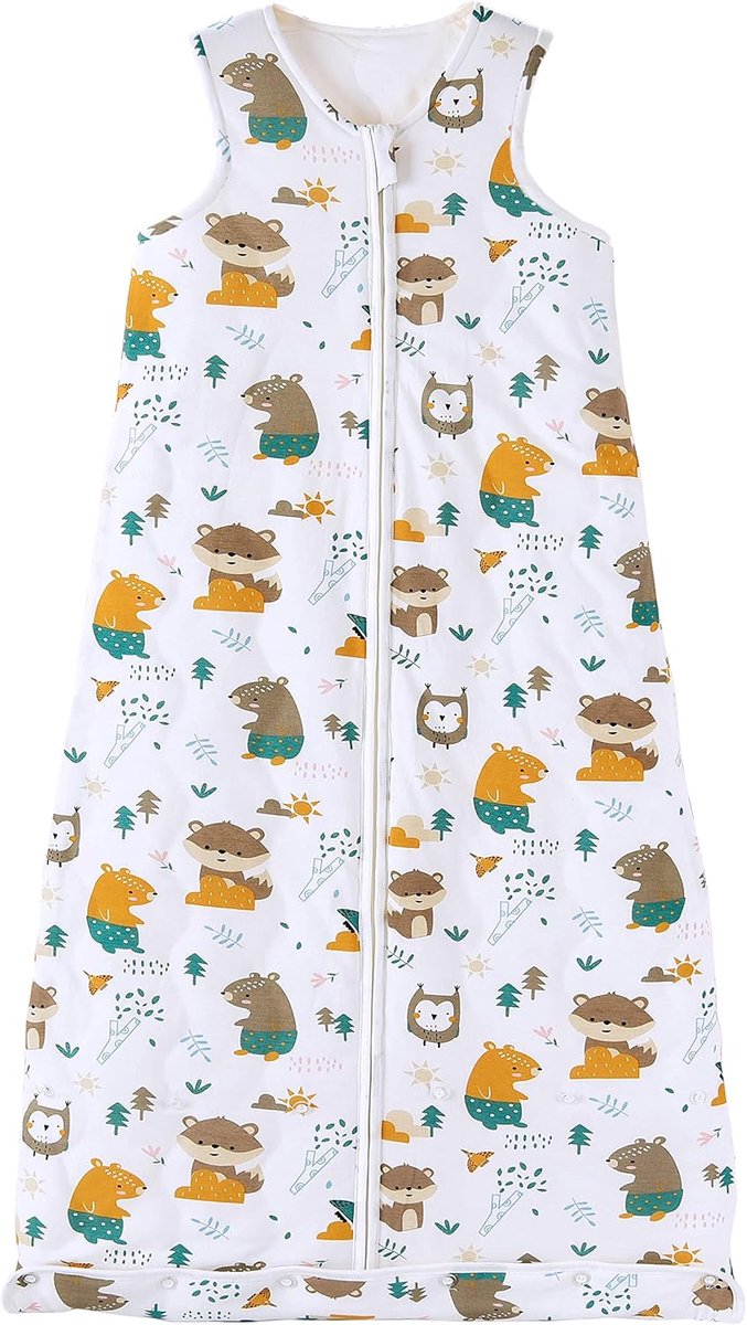 Babyslaapzak voor het hele jaar, 2,5 TOG-slaapzak voor peuters, mouwloos, winterslaapzak met instelbare lengte, natuurlijk katoen, jungle-dieren, 90 cm, babylengte 80-95 cm