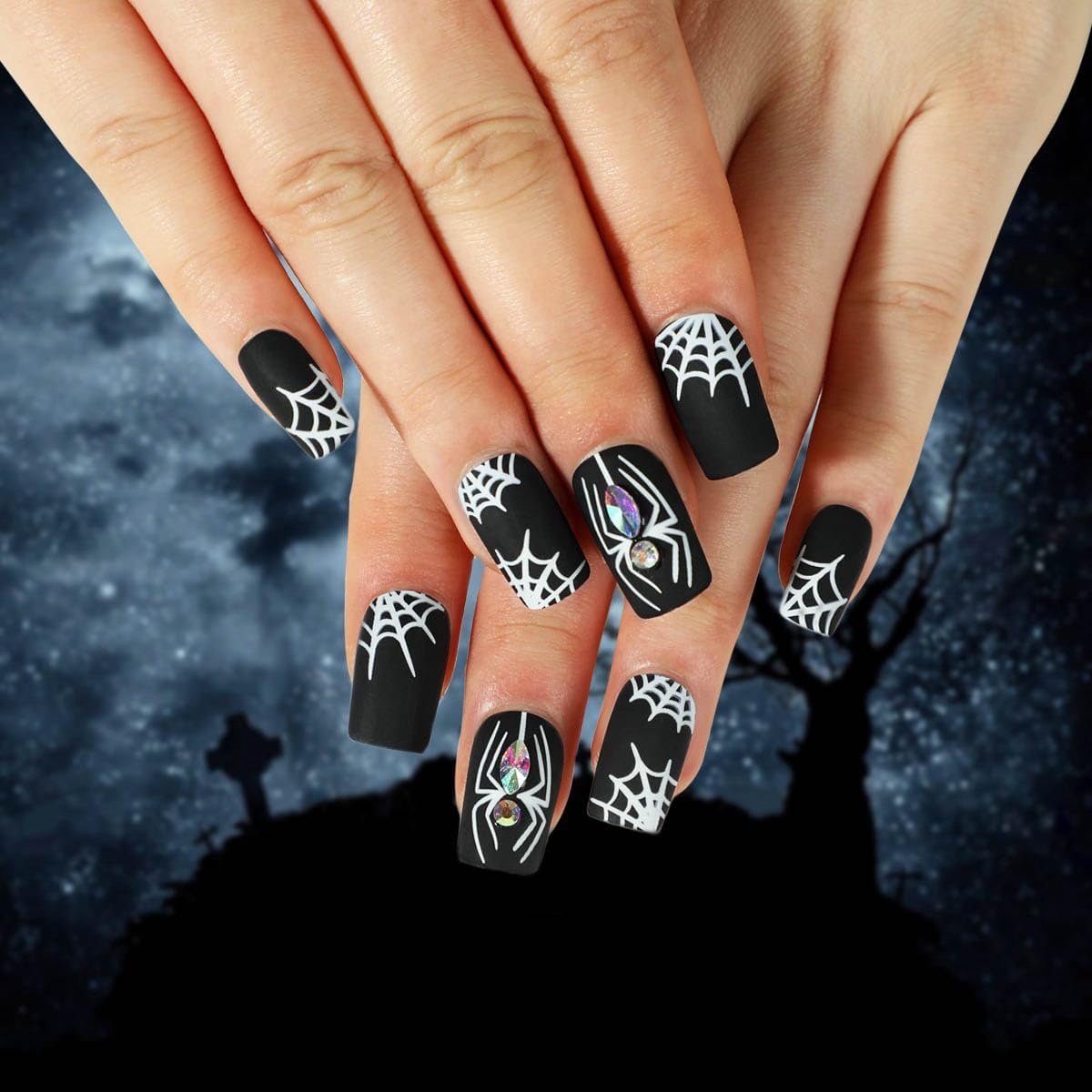 24 stuks Halloween nepnagels spinnenweb kristal kunstmatige nagel press-on nagels voor vrouwen meisjes