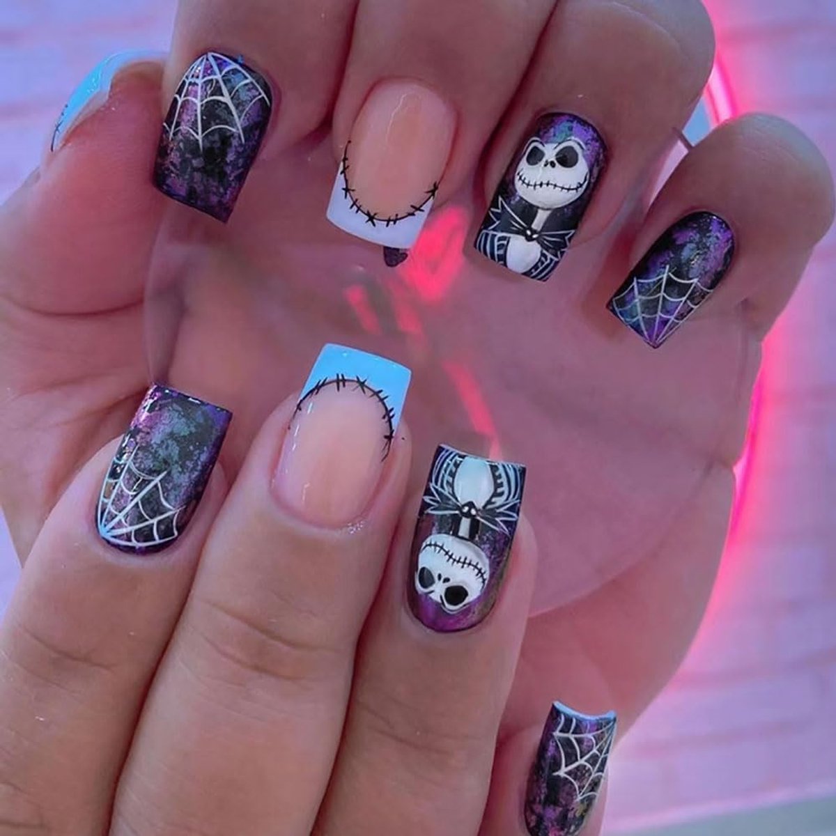 24 stuks Halloween nepnagels spinnenweb geesten maan kruis skelet kunstnagel press-on nagels voor vrouwen meisjes (B)