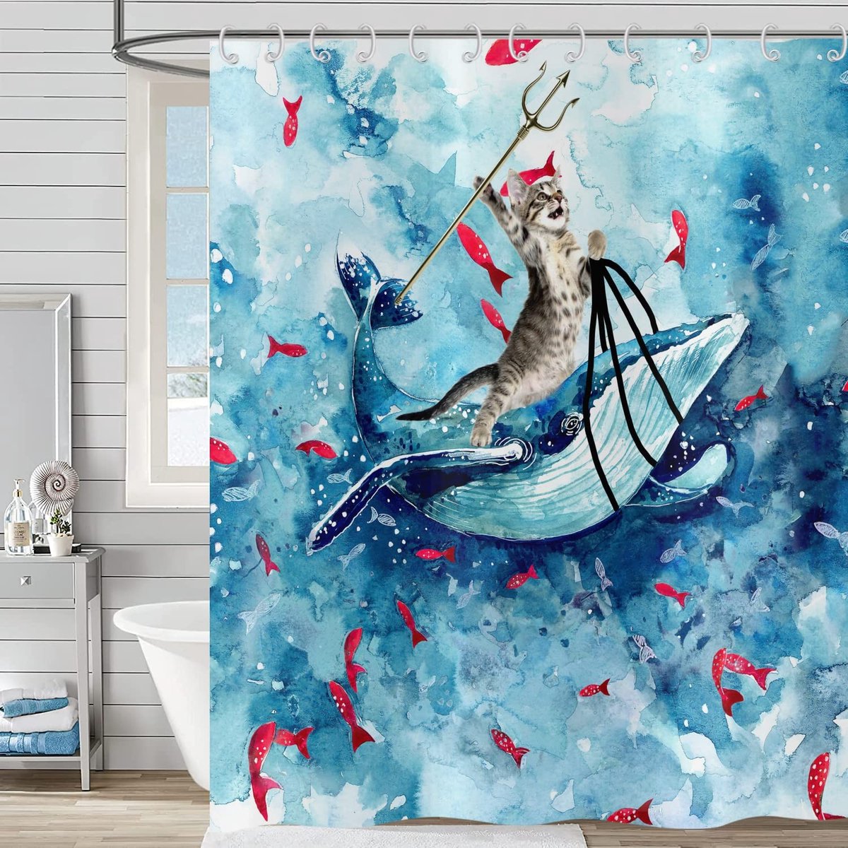 Omgoods - Grappig Douchegordijn met Kat en Walvis 120x180 cm Waterdicht
