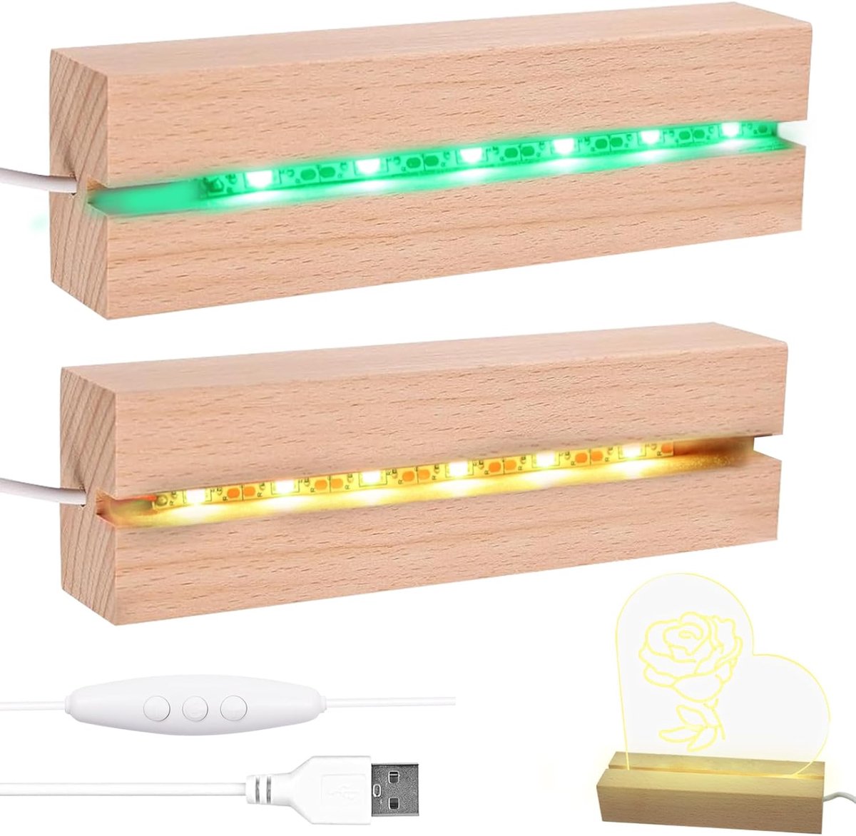 LED-lichten displaybasis, LED-lichten displaybasis verlichtingsvoet, desktop LED-verlichtingsvoet, displaybasis met houten verlichte USB-schakelaar, rechthoekige LED-lichten displaystandaard