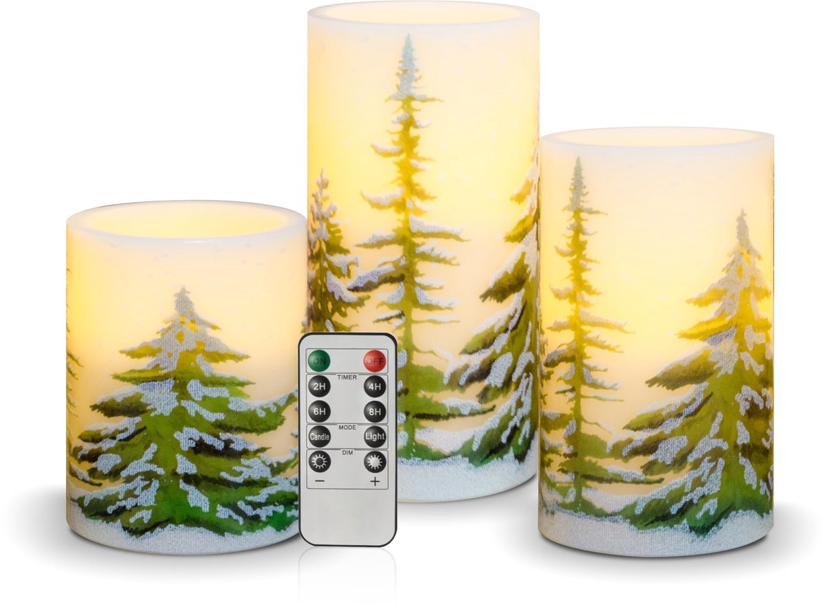 Omgoods - LED Kerstkaarsen met Dennenmotief [3 Stuks] - Realistisch Flikkerende Kaarslichten met Afstandsbediening en Timer
