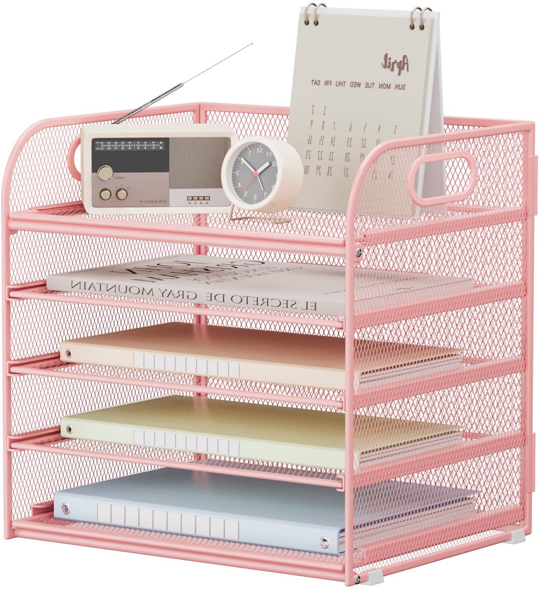 Omgoods - Bureau-organizer met 5 niveaus - Stapelbare dossierhouders voor A4-documenten (Roze)
