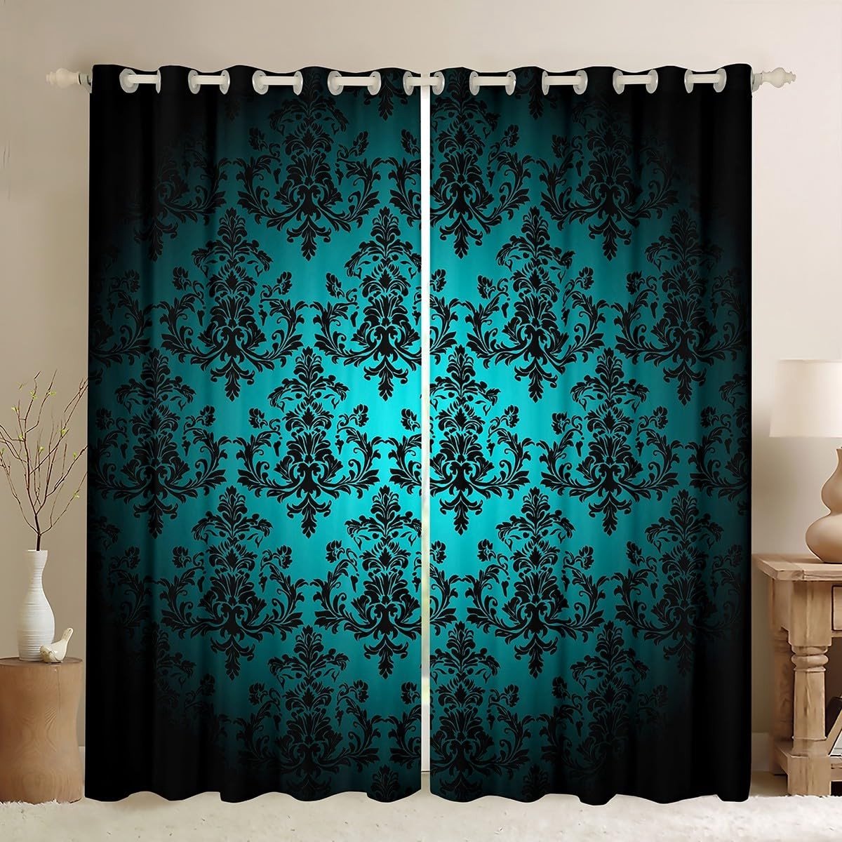 Omgoods - Turquoise Zwart Damastgordijn - Vintage Raamdecoratie voor Jongeren