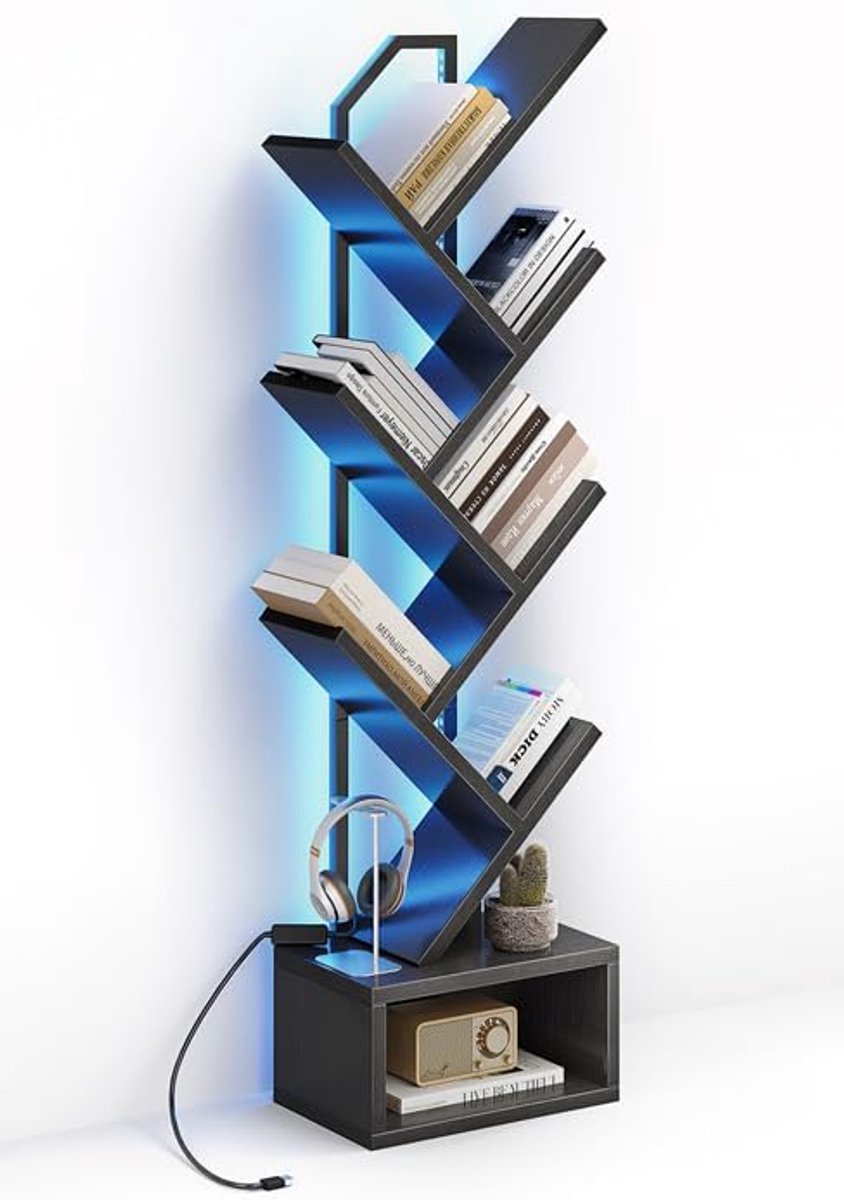 Boekenrek in boomvorm, staand rek met 6 niveaus, houten boekenrek met lichtband, geschikt voor woonkamer en slaapkamer, zwart