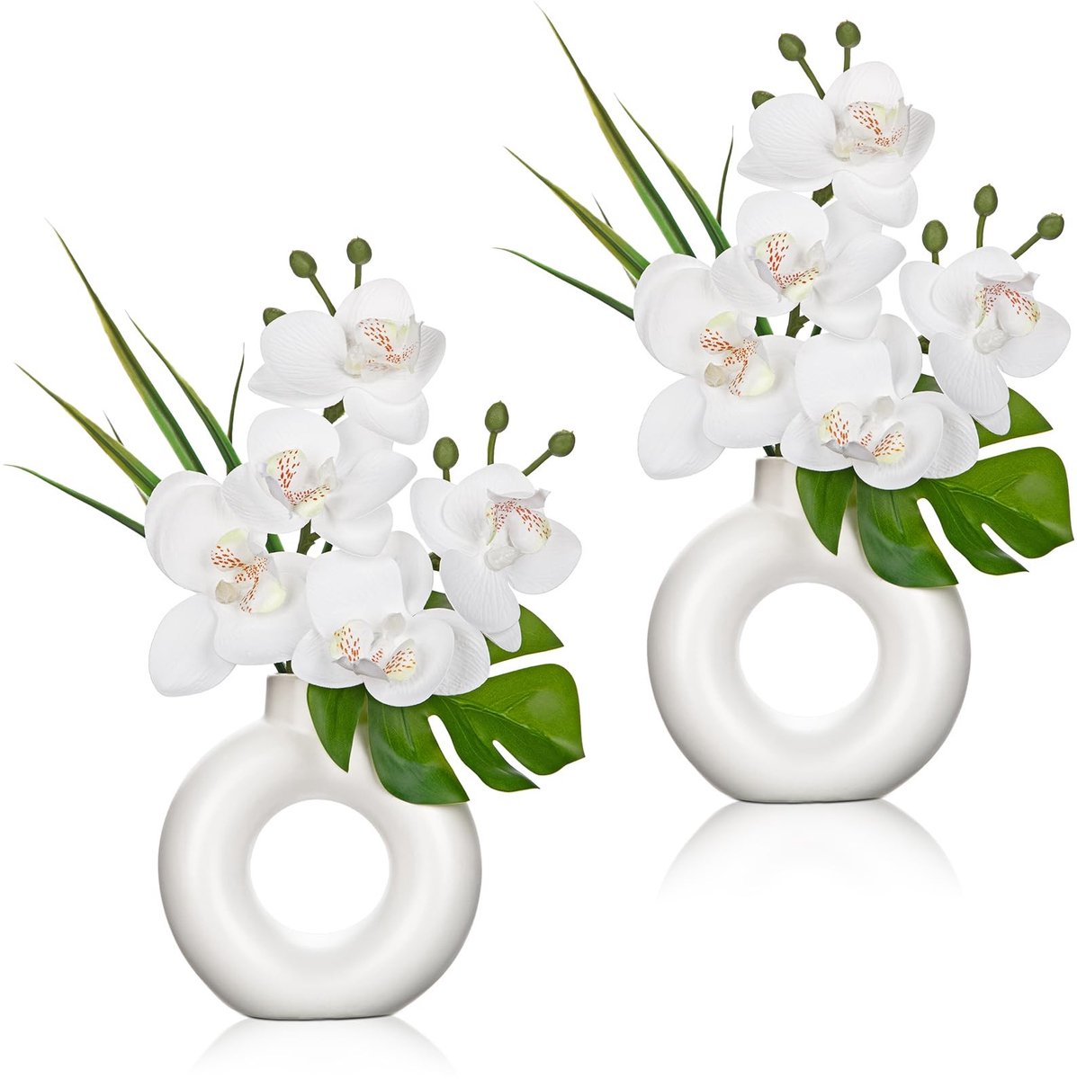Omgoods - 2 Stuks Kunstmatige Witte Orchideeën in Zwart Keramieken Pot - Decoratieve Bloemarrangementen