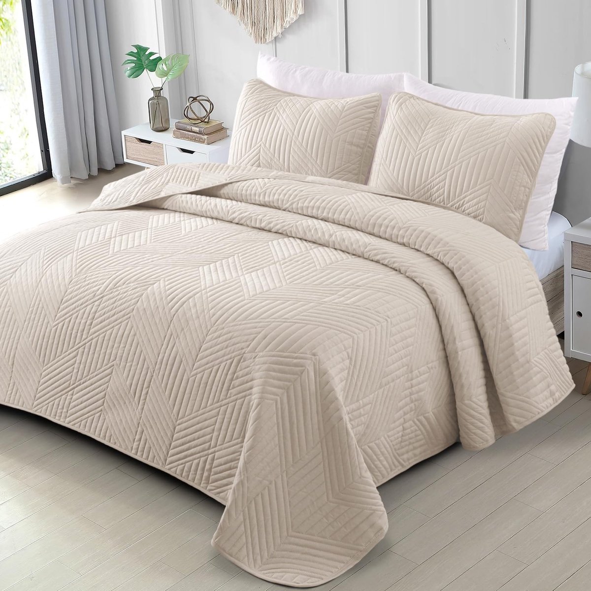 Omgoods - Geometric Bedspread - Modern Beige Bedsprei met Kussenslopen