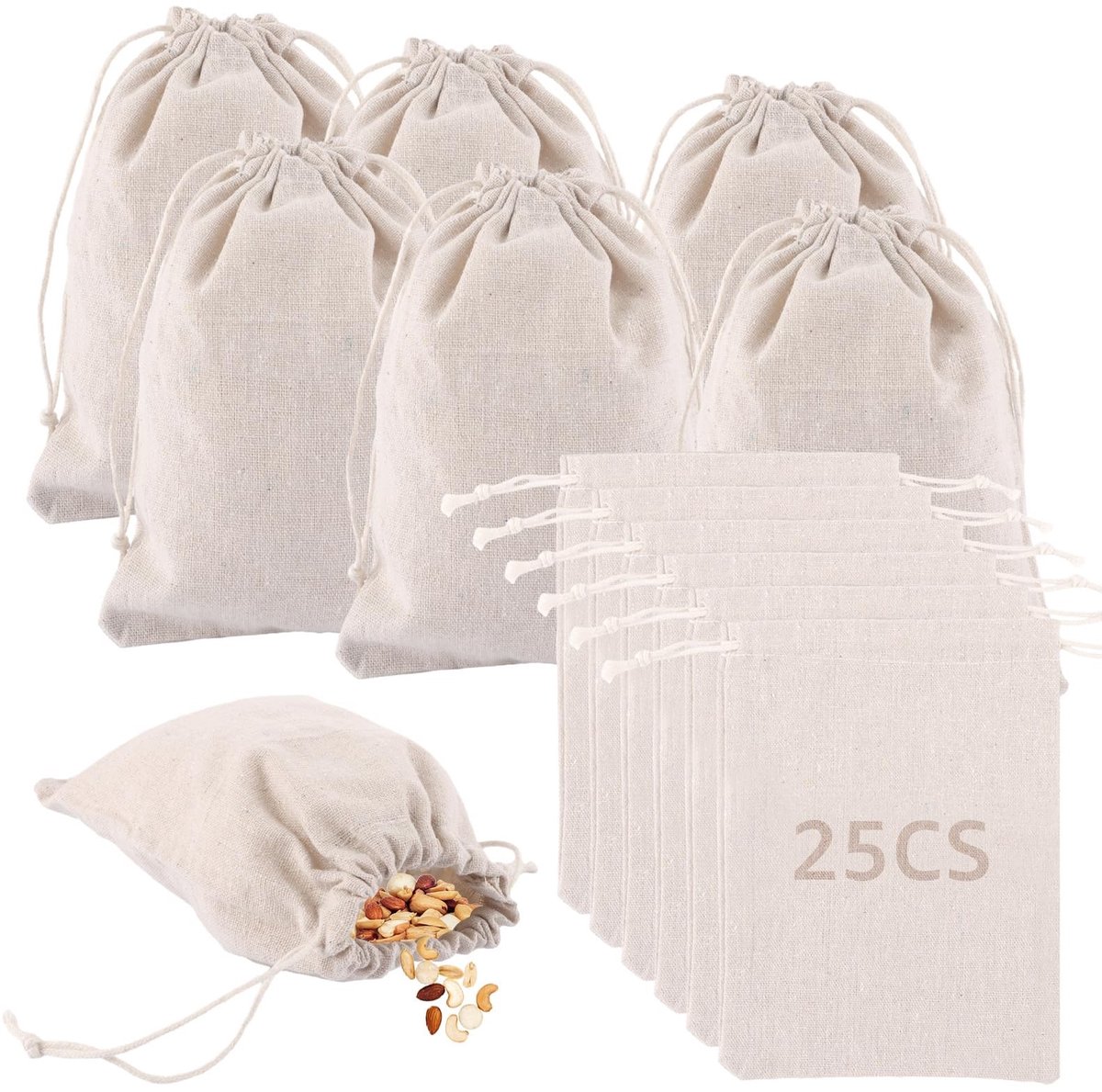 Omgoods - Set van 25 Katoenen Zakjes met Trekkoord - Perfect voor Bruiloften en Feestjes