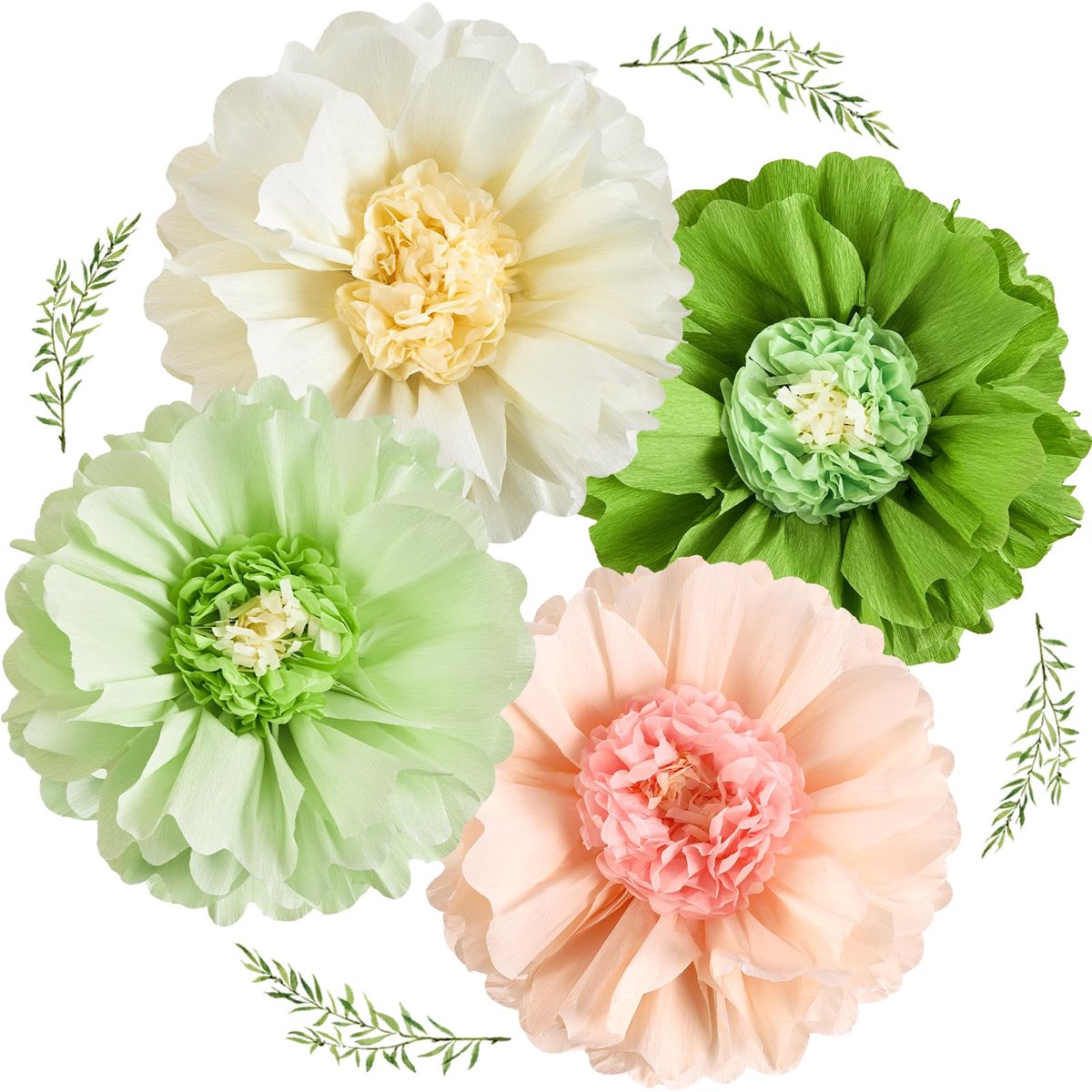 Omgoods- Papieren Bloemen - 4 Stuks - 50 cm Diameter - Feest Decoratie - Lente Decoratie - Saliegroen - Hoogwaardig Papier - Feestdecoratie