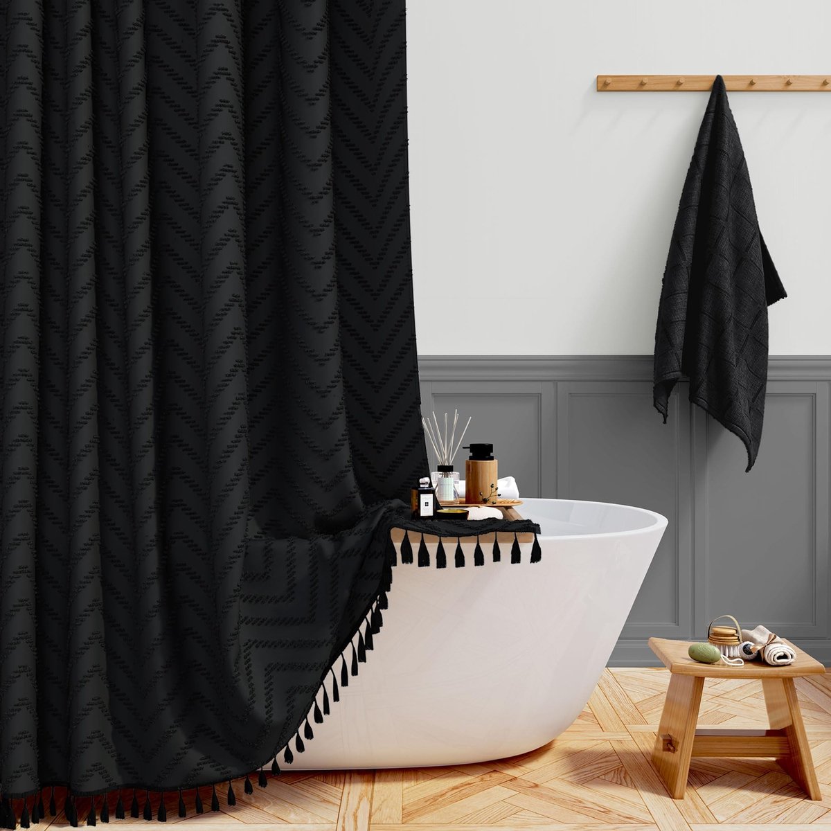 Omgoods - Boho Douchegordijn met Tufted Chevron - Vintage en Wasbaar met 12 Haakjes