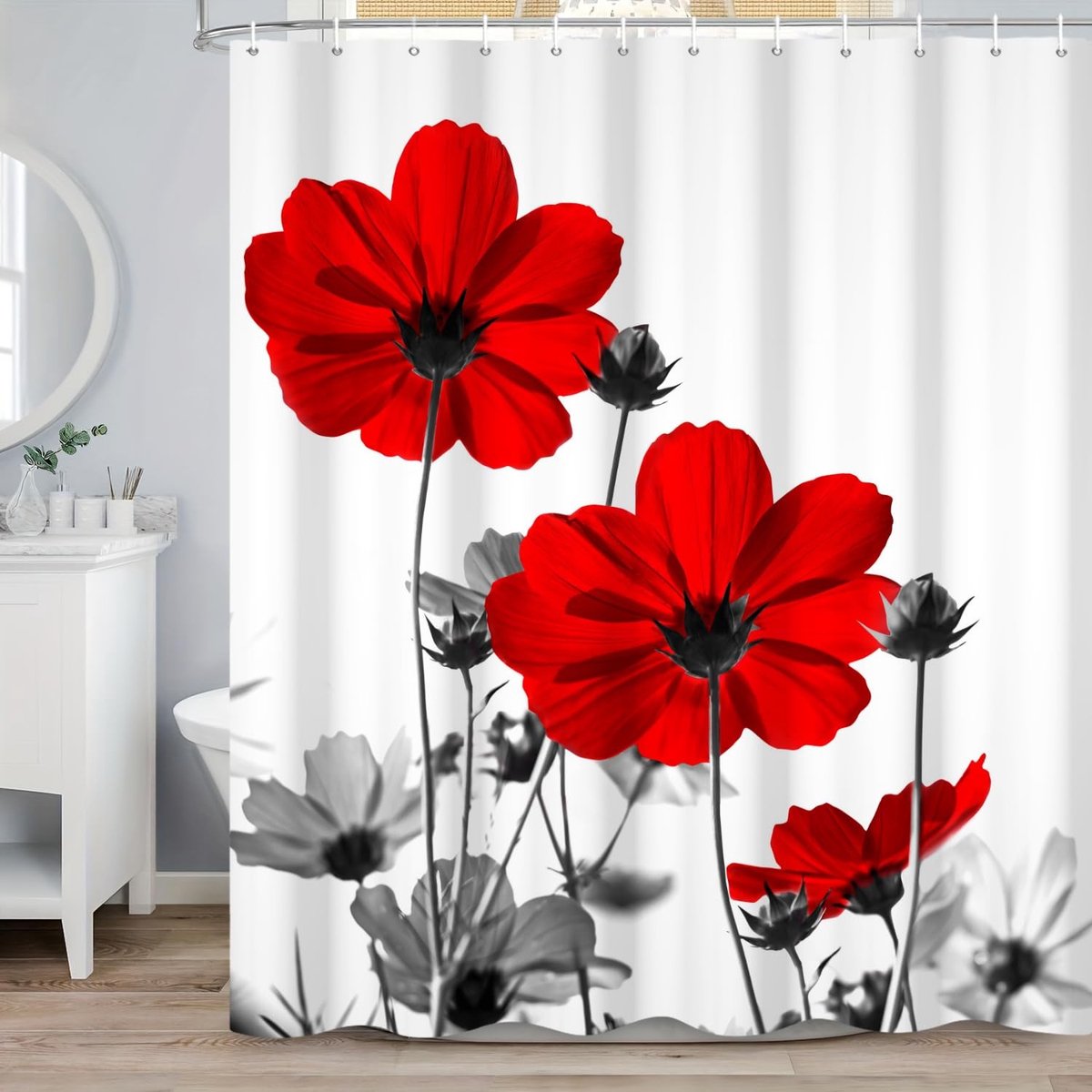 Omgoods - Waterverf Rode Bloemen Douchegordijn 180x200cm