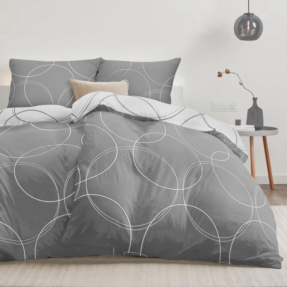 Omgoods - Bedlinnen Set 135 x 200 cm, Grijs/Wit, Met 2 Kussenslopen, Oeko-Tex