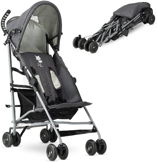 Grijze kinderbuggy met kap en mandje. Inclusief opgevouwen versie.