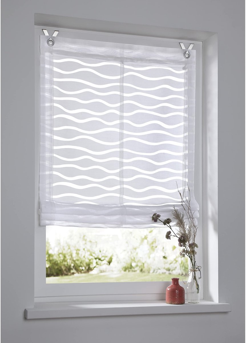 Omgoods - Witte Romeinse Blind Enya met Golfpatroon - Bevestiging zonder Boren (60 x 140 cm)