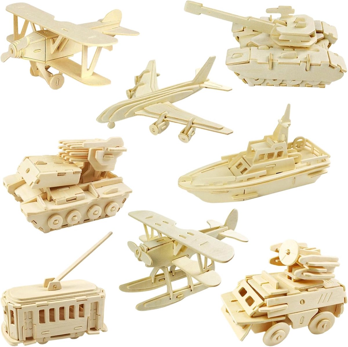 8-delige Set 3D Houten Puzzel Modelbouwpakket, Militaire Land-Zee-Lucht Voertuigen, DIY Houten Bouwpakket voor Volwassenen & Kinderen, Decoratie Verzamelobject, Creatief Cadeau voor Jongens & M