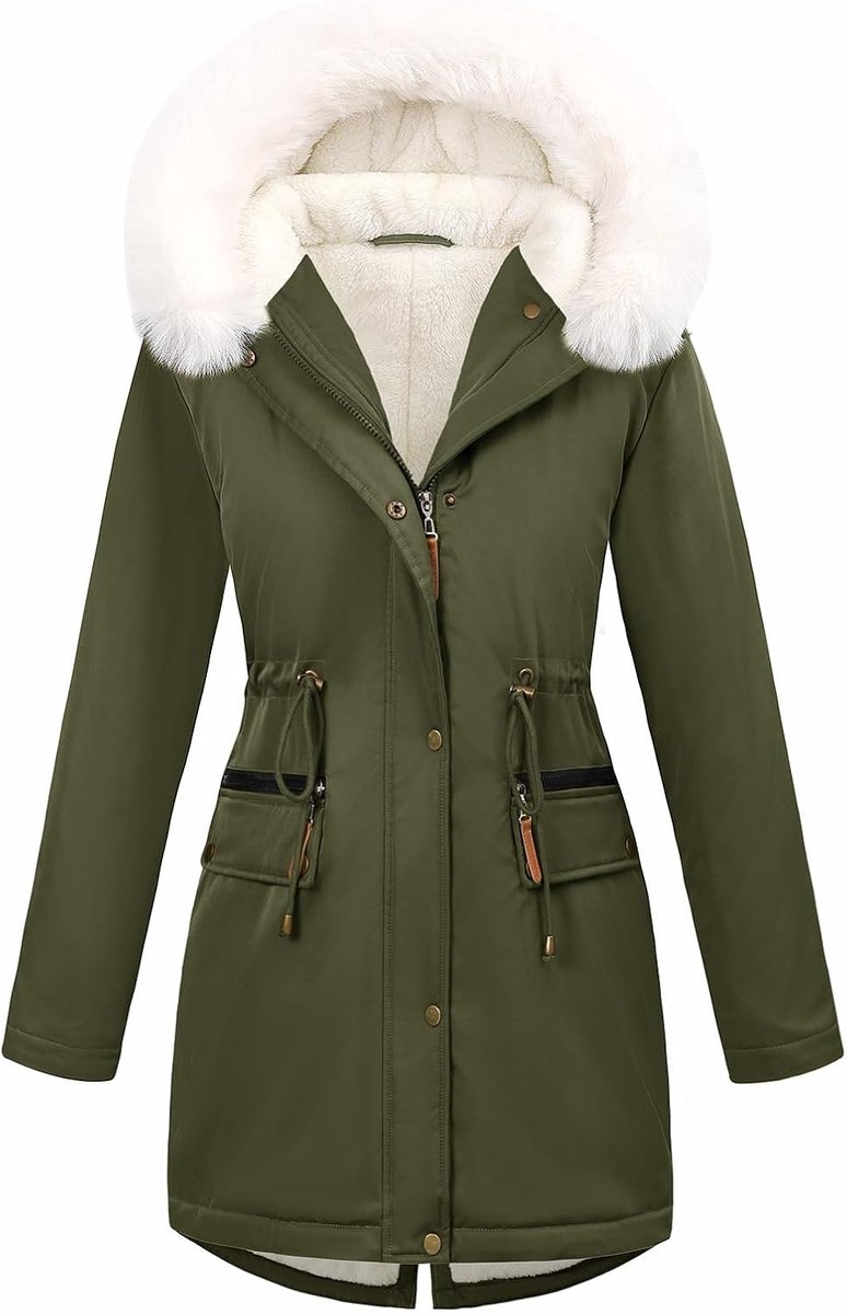 Parka voor dames, lange parka met capuchon, wollen voering, met zakken en ritssluiting, warm, winddicht