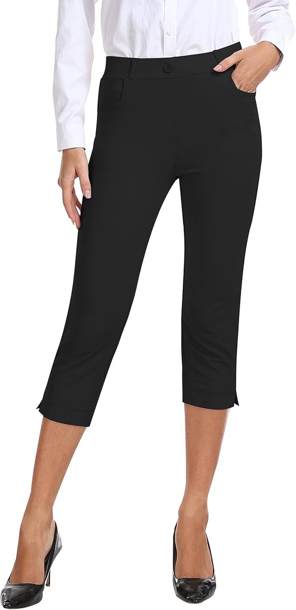 broek voor dames, elegante capribroek, ademend, yoga, golfbroek, kantoor, kostuumbroek, elastische band, vrijetijdsbroek, zwart