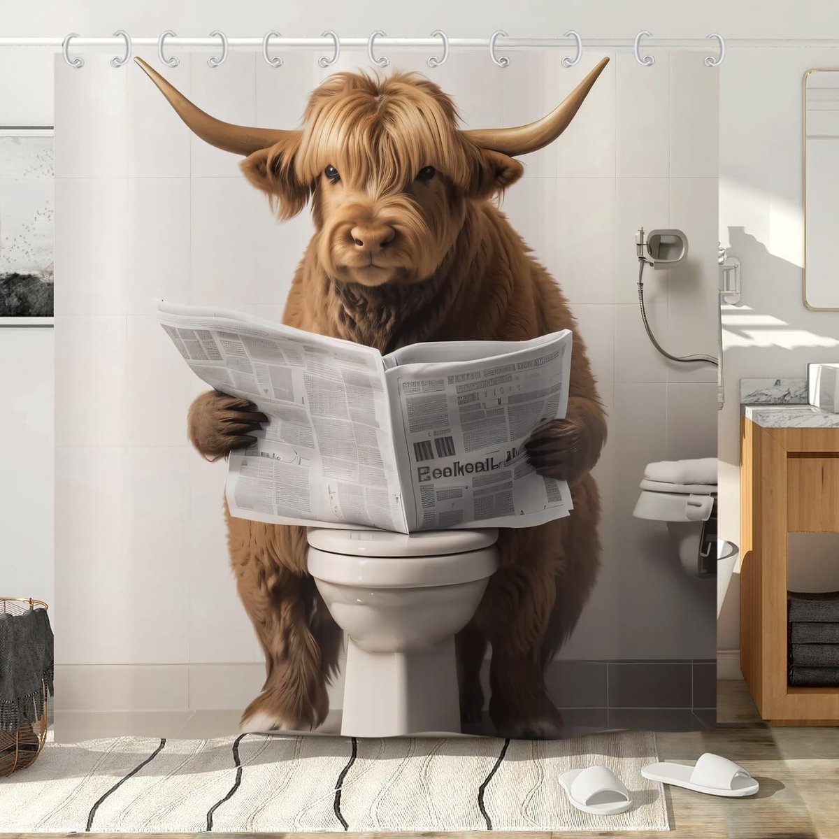 Omgoods - Grappig Douchegordijn met Hoogland Rund 180 x 200 cm Waterdicht