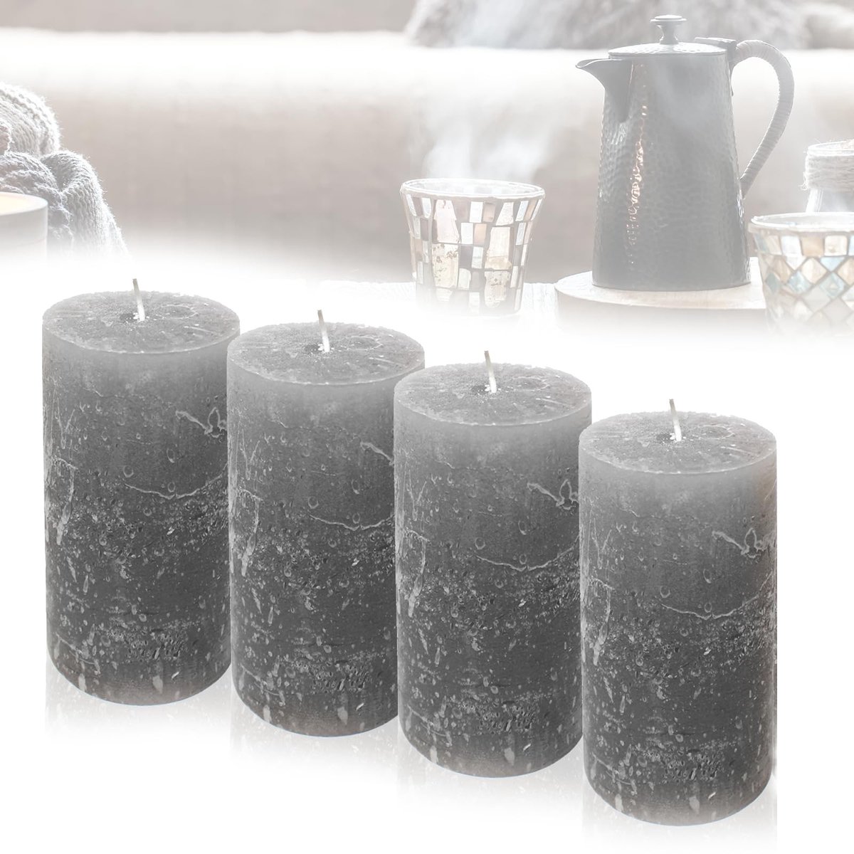 Omgoods - Set van 4 Rustieke Pijlerkaarsen - Grijs - 12 cm Hoog