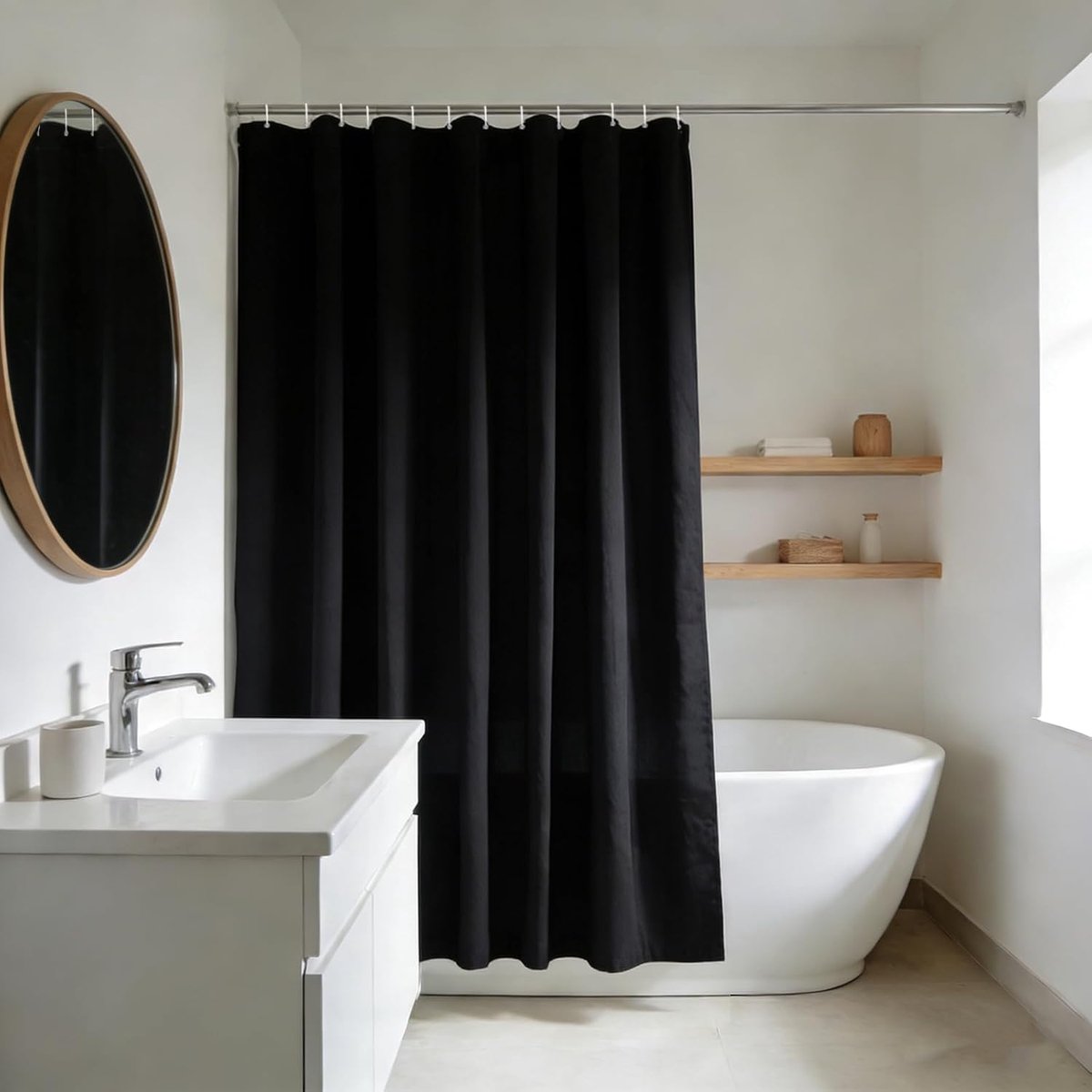 Douchegordijn, zwart, van stof, wasbaar, textiel, machinewasbaar, met metalen inslagringen, breedte 180 x hoogte 220 cm | Polyester badgordijn, waterafstotend, met metalen ogen, voor badkamer, breedte 180 x hoogte 220 cm