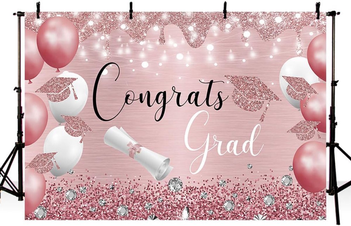 7x5ft Rose Gold Gefeliciteerd Grad Achtergrond Klasse van 2025 Gefeliciteerd Afgestudeerden Fotografie Achtergrond Roze Glanzende Diamanten Ballonnen Gefeliciteerd Grad Party Decor Prom