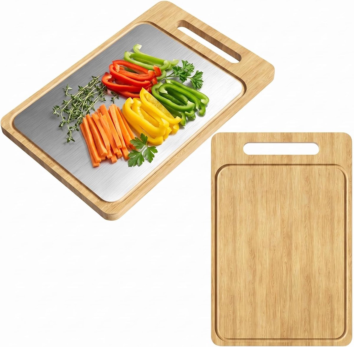 snijplank, 39 x 28 cm, 2-in-1 bamboe en 304 roestvrij staal, antislip, met sapgroef, vaatwasmachinebestendig voor vlees, groenten en fruit
