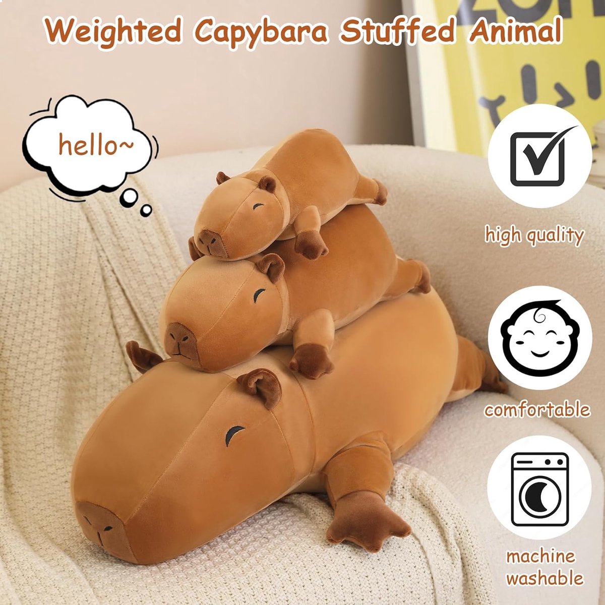 Pluche, gewogen Capibara knuffeldier voor angst, schattige Capibara pluche zachte Capibara kussen speelgoed cadeau voor kinderen volwassenen 35 cm