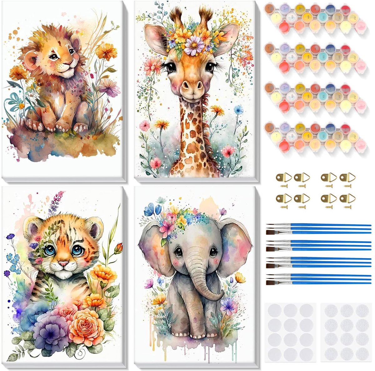 Omgoods - Schilderen op Nummer Set met Dieren - Leeuw, Tijger, Olifant en Giraf