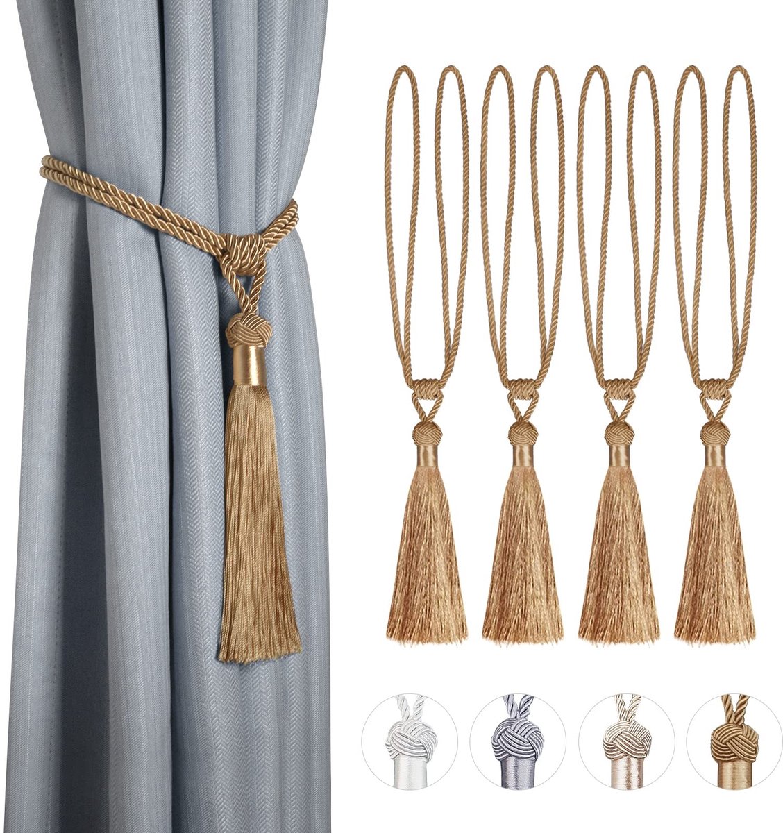 Omgoods - 4 Stuks Handgebreide Gordijn Klemmen - Gele Tassels met Touw