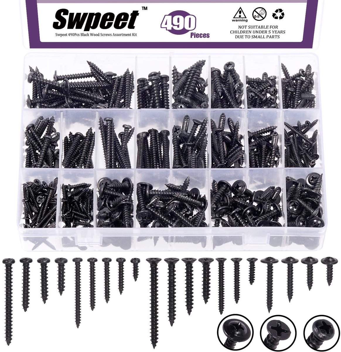 Omgoods - 490Pcs Zwarte Houten Schroeven Set - Zelftappende Metaalschroeven Assortiment