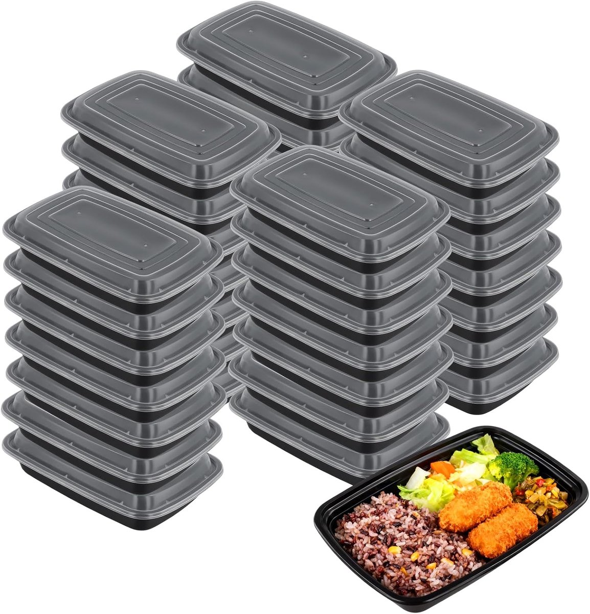 50 stuks maaltijddozen met deksel, kunststof, 750 ml, zwart, herbruikbare maaltijddozen om mee te nemen, picknickbox, snacks
