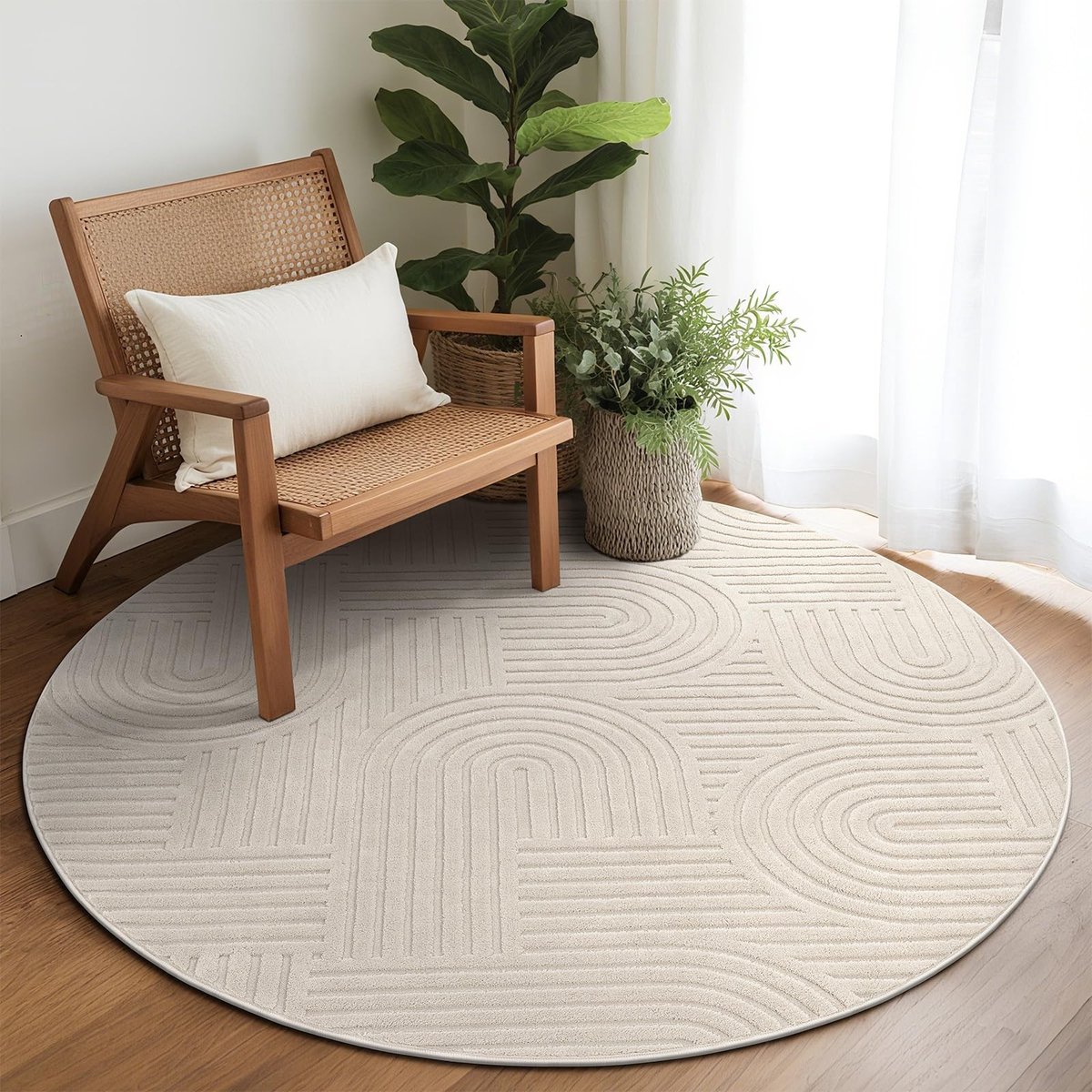 Omgoods - Fluffy Beige Rond Vloerkleed 160x160 cm - Wasbaar en Antislip voor Woonkamer en Slaapkamer