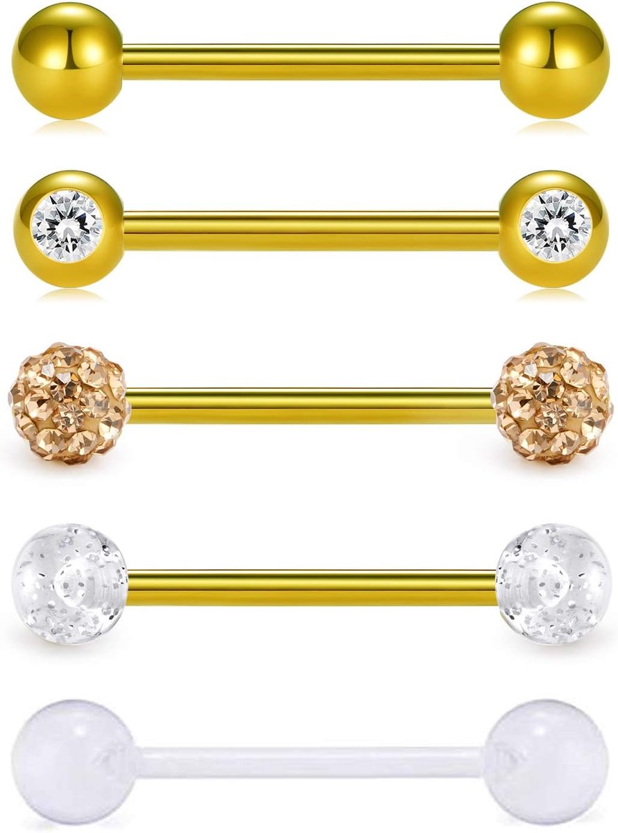 Tongpiercing, 16 mm, 14 g, roestvrij staal, metaal, barbells, hart, ster, tongstokken, sieraden