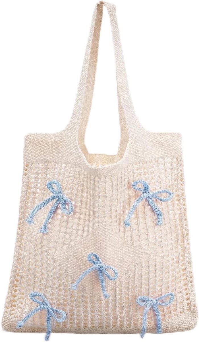 Gehaakte Strandtas - Zomertas Hobotas - Strand en Vakantie - Met Driedimensionale Strik - 61 x 36 cm - Lichtblauw