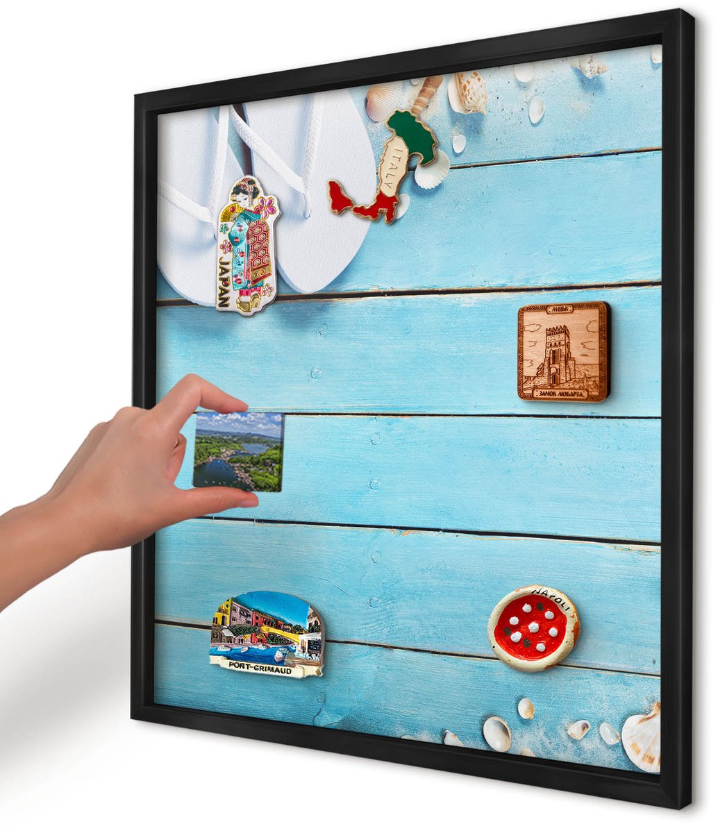Artprintcave Blauw Magneetbord mit Zwart Frame - 50x50 cm - Vakantierust Magnetische Organizer - Fotografisch Memobord Keuken - Landschappen