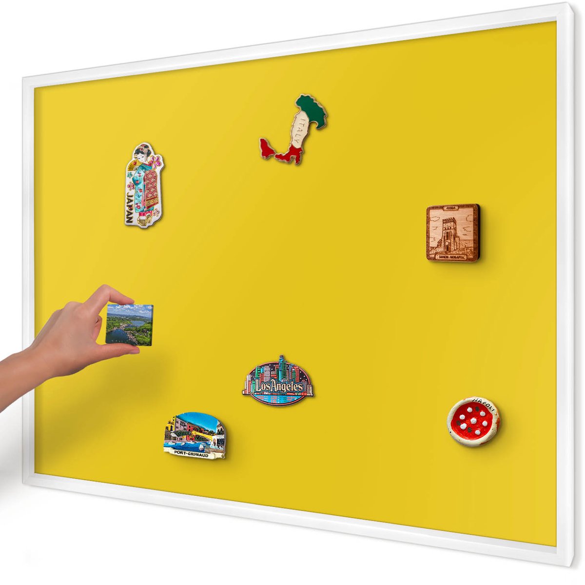 Artprintcave Geel Magneetbord mit Witte Lijst - 100x70 cm - Intens Geel Magneet Bord mit Frame - Minimalist Magnetisch Bord - Achtergronden En Patronen
