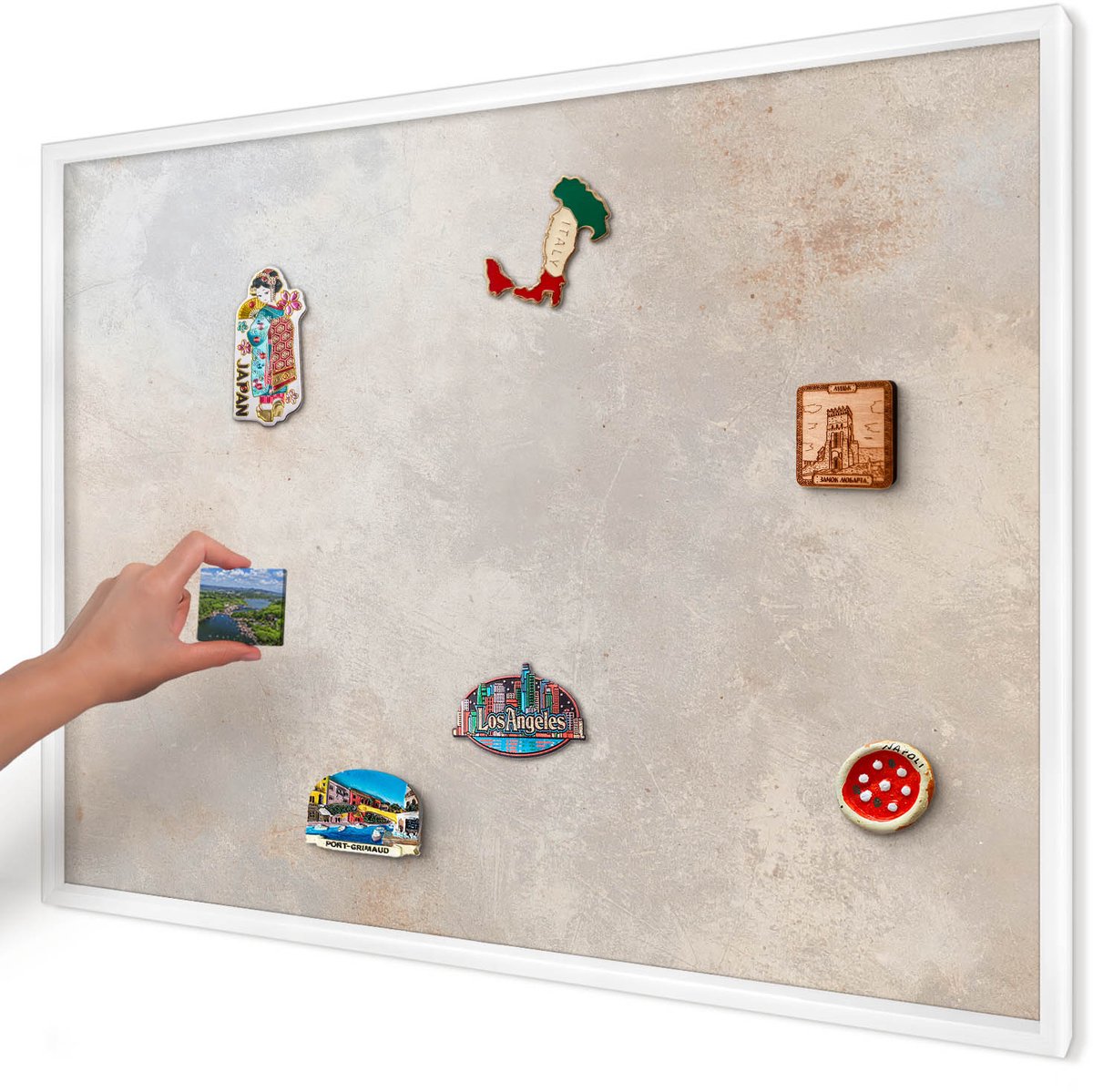 Artprintcave Grijs Magneetbord mit Witte Lijst - 100x70 cm - Neutrale Achtergrond Magneetbord Voor Foto's - Minimalist Bord Voor Magneten - Texturen