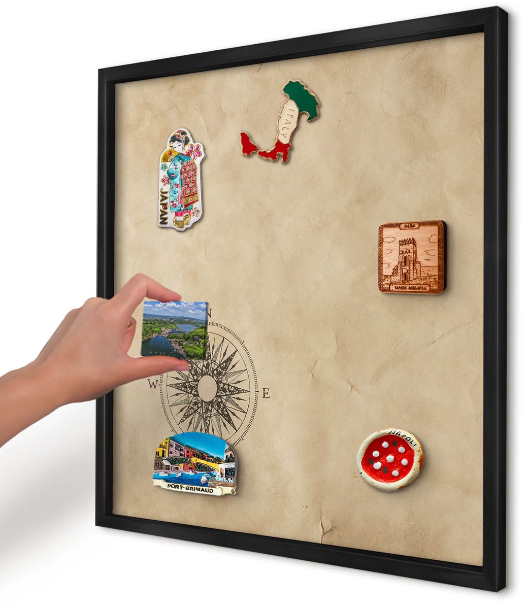 Artprintcave Beige Magneetbord mit Zwart Frame - 50x50 cm - Windroos Notitiebord - Vintage Wandbord Magnetisch - Achtergronden En Patronen