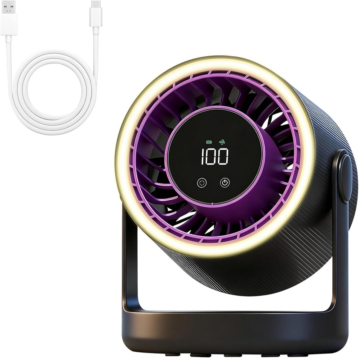 Tafelventilator met accu en LED-verlichting - USB-C oplaadbaar, touchscreen, 5 snelheden, stil en draagbaar voor thuis of kantoor