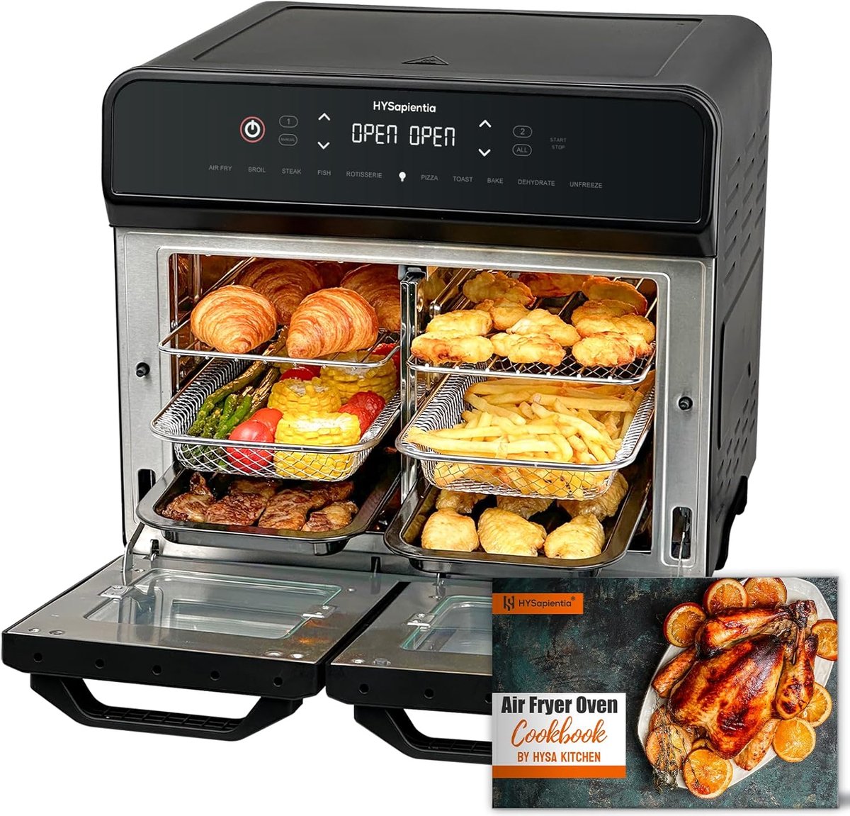 SnelShoppen - HYSapientia 22 Liter Oven Airfryer met Dubbele Mand, 2400 W, RVS, 10 Functies, Twee Temperatuurzones, Rotisserie, Ideaal voor Keuken en