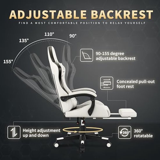 Gamingstoel met Voetensteun - Computerstoel Ergonomisch - Comfortabel Gamen - Verstelbare Rugleuning - 130 cm Hoog - Wit — afbeelding 2