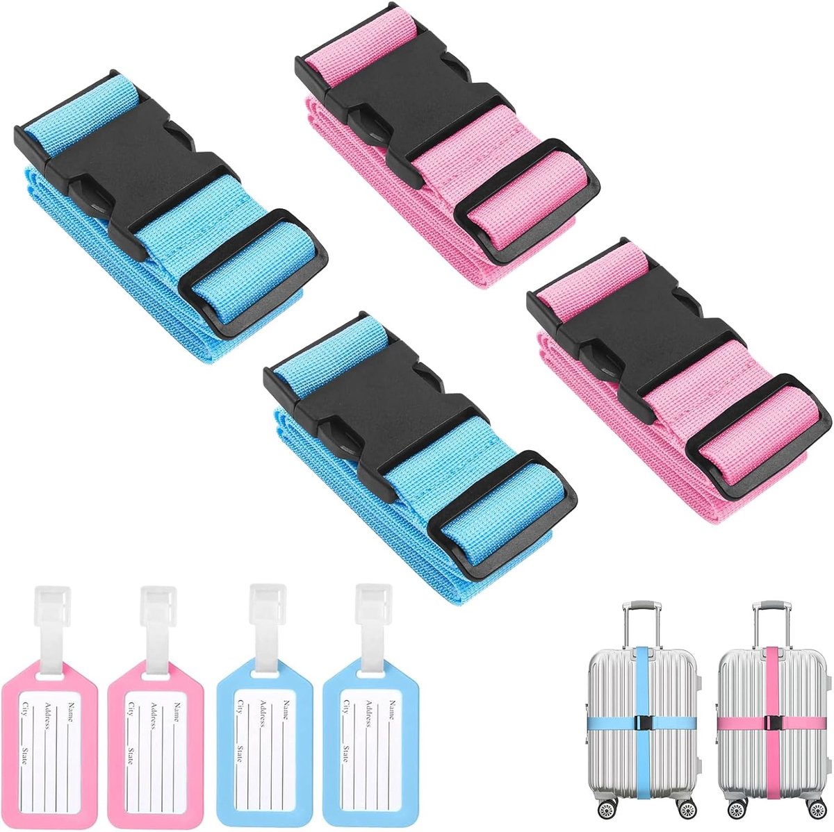 Kofferbanden Set van 4 - Verstelbare Luggage Strap - Met Adreslabel - Voor Veilig Sluiten - ShopVlot