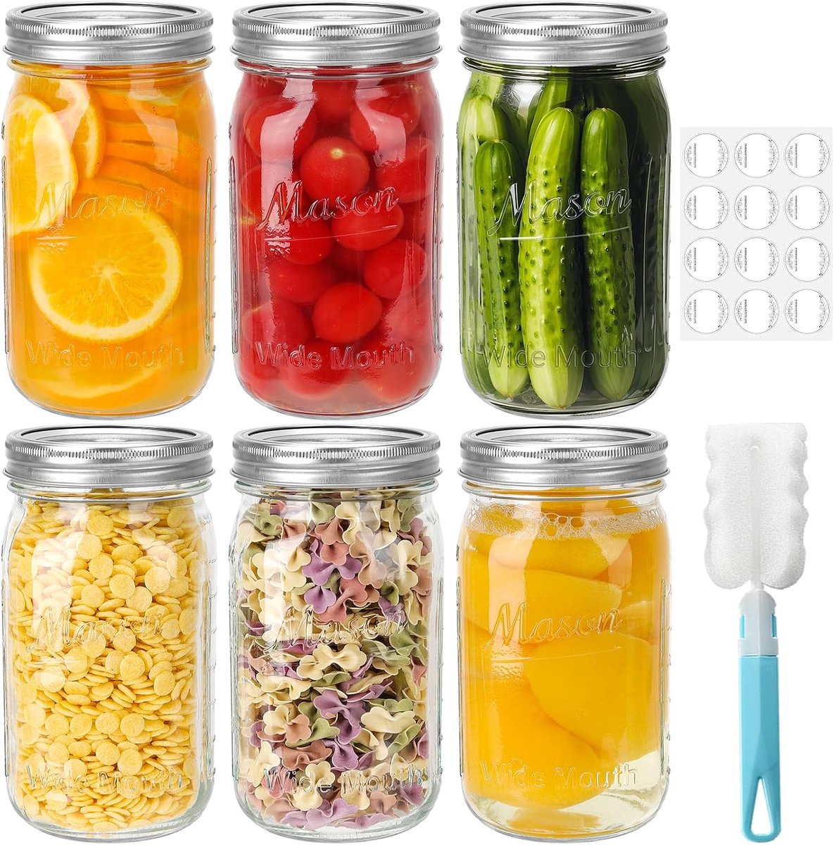 SnelShoppen - 32 oz Glazen Weckpotten, 6-Pack Canning Jars met Zilveren Aluminium Deksel en Ringen, Luchtdichte Voedselopslag Potten voor Inleggen, Ov