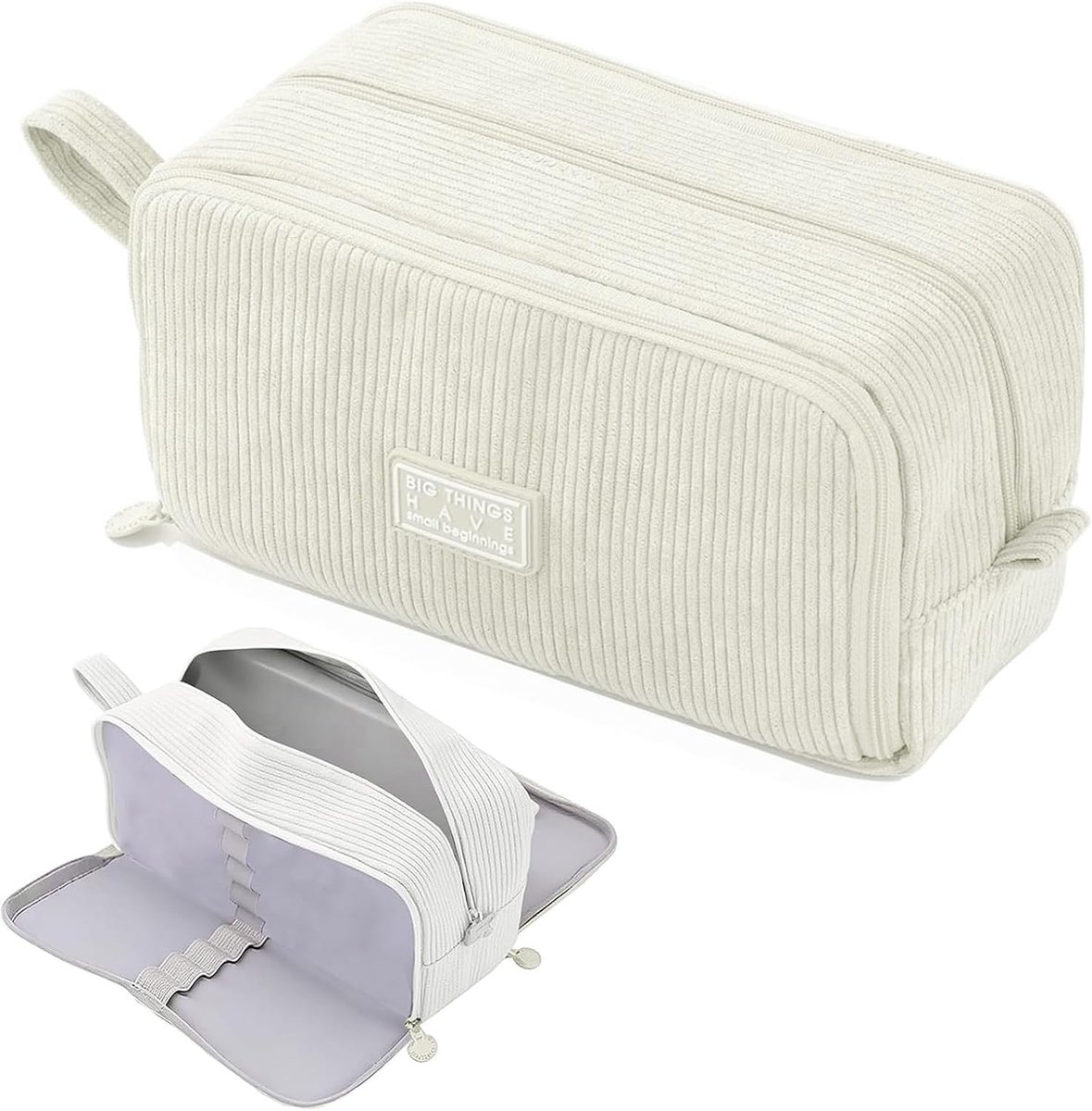 Pennenetui grote capaciteit - corduroy beige - 3 vakken - ideaal voor school en kantoor - ShopVlot