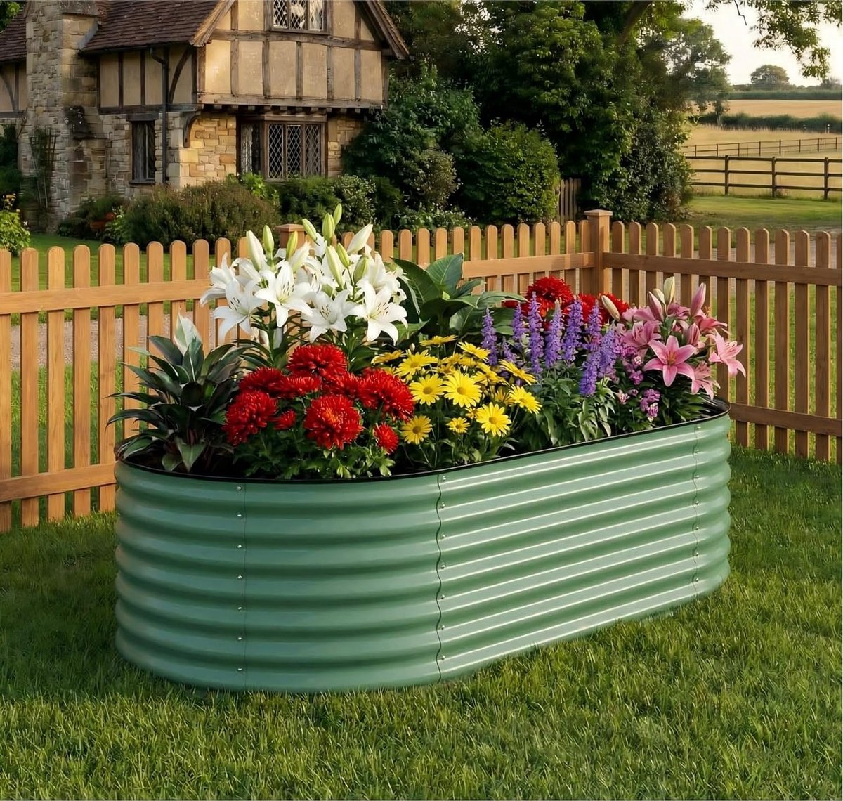 Gegalvaniseerde Moestuinbak Ovaal - Verhoogde Plantenbak Metaal 240 x 120 x 45 cm - Bodemloze Kweekbak met Versterkte Trekstang & Veiligheidsranden - Weerbestendig - Groen