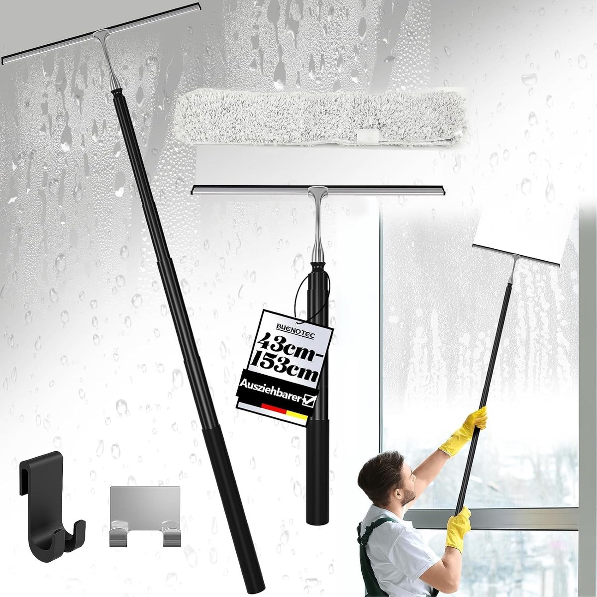 Telescopische Douchewisser met Lange Steel 43-153 cm - Zwart - Douchetrekker met Haak voor Douche, Ramen en Tegels