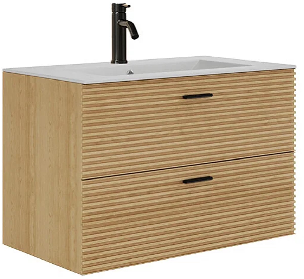Vente-unique Geribbeld zwevend badkamermeubel met inbouwwastafel en kraan - 2 lades - Licht naturel - 80 cm - SARONE