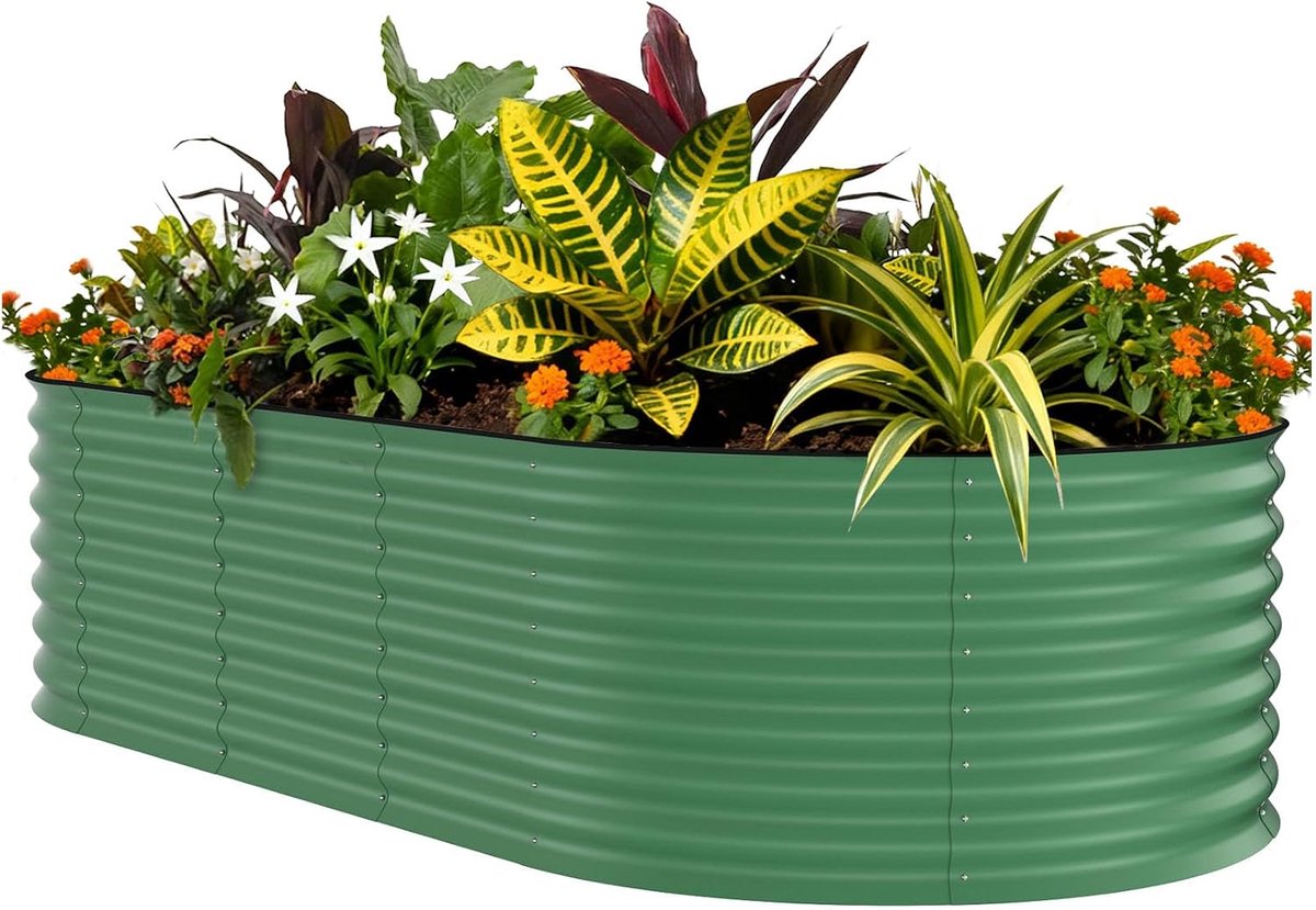 Gegalvaniseerde Moestuinbak Ovaal - Verhoogde Plantenbak Metaal 240 x 120 x 60 cm - Bodemloze Kweekbak met Versterkte Trekstang & Veiligheidsranden - Weerbestendig - groen