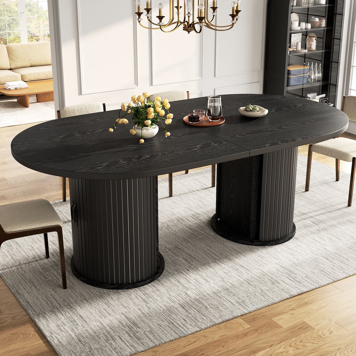 PHOEBE CAT Uitschuifbare Eettafel - 149-189 × 80 × 75 cm - Met opbergruimte - Metalen handgrepen - Zwart