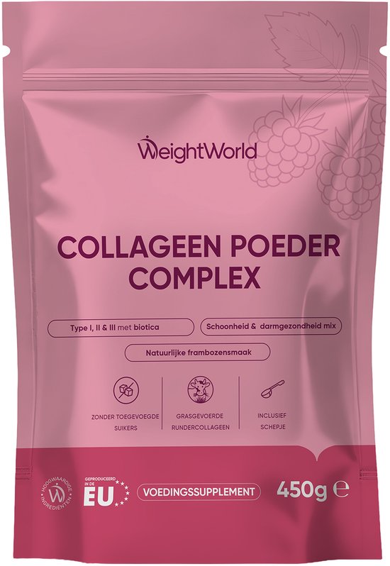 Roze verpakking van WeightWorld Collageen Poeder Complex met afbeeldingen van frambozen en bladeren.